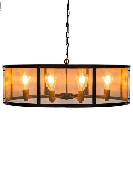 Large Round Mesh sided Black Iron Drum Industrial Chandelier
