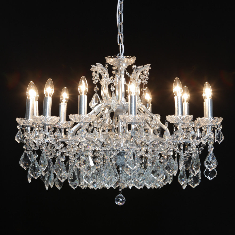 Large shallow crystal glass chandelier with antique silver frame for shops, hair salons & boutiques