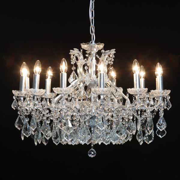 Large shallow crystal glass chandelier with antique silver frame for shops, hair salons & boutiques