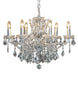6 branch large shallow crystal glass chandelier with an antique silver frame.