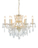 6 branch large shallow crystal glass chandelier with antique white frame.