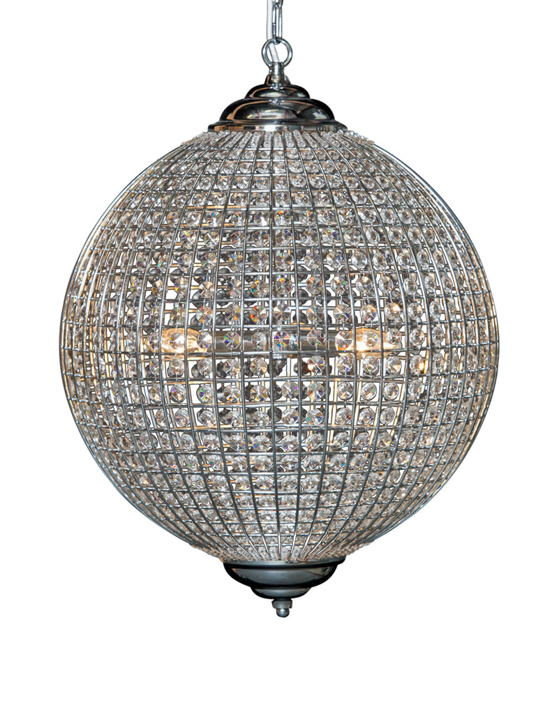 Large chrome globe ceiling chandelier.