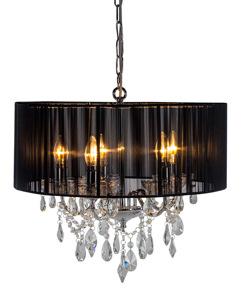 Chrome 5 Branch Chandelier With Black Shade.