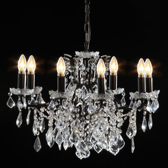 Ladonna. 8 branch large shallow crystal glass chandelier with antique bronze frame.