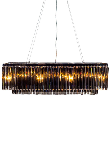 Chrome smoked prism drop rectangular cascade salon chandelier.