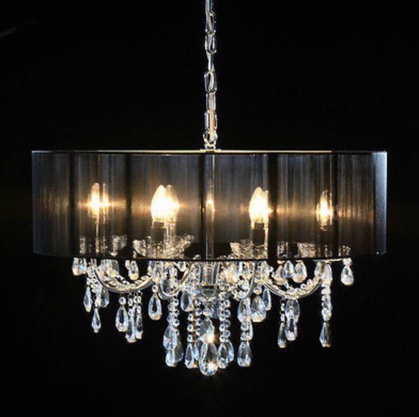 Chrome 8 Branch Chandelier With Black Shade.