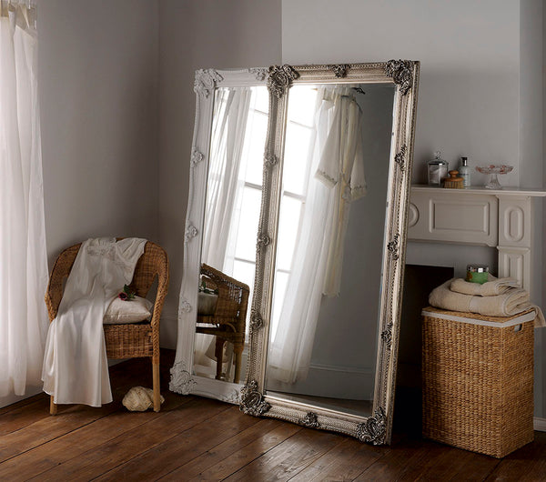 Large silver leaf ornate salon wall/leaner mirror.