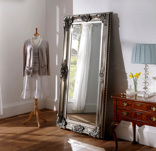 Extra large silver leaf ornate salon wall/leaner mirror.