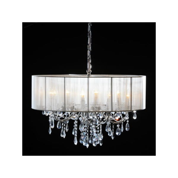 Laetitia. Chrome 8 Branch Chandelier With White Shade.