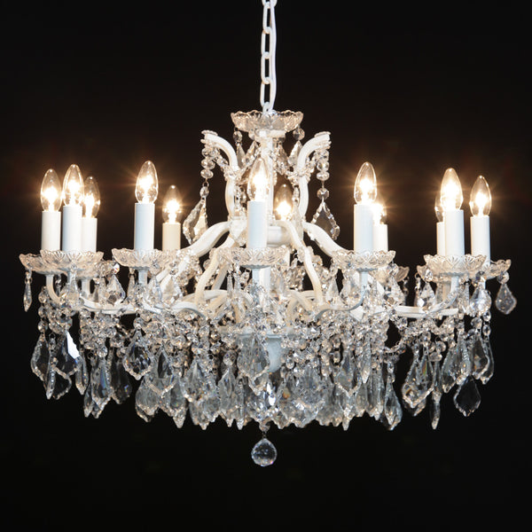 Lucretia. 12 branch large shallow crystal glass chandelier with antique crackle white frame.