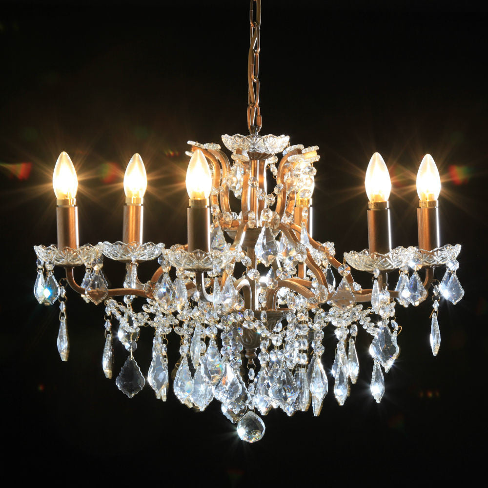 Loretta. 6 branch large shallow crystal glass chandelier with antique gold frame.