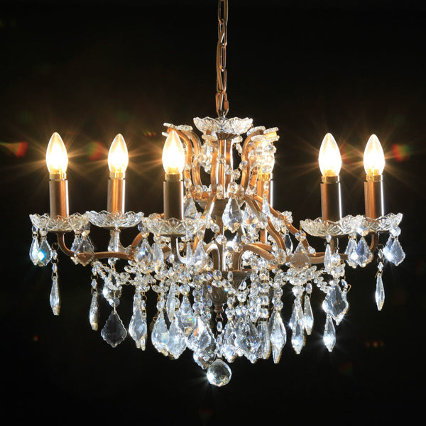 Loretta. 6 branch large shallow crystal glass chandelier with antique gold frame.