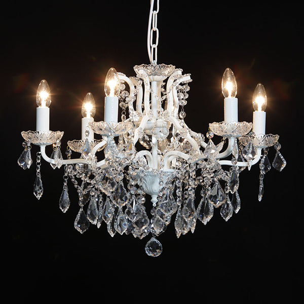 Lucretia 6 branch large shallow crystal glass chandelier with antique white frame.