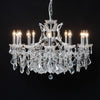 Lindy 12 branch large shallow crystal glass chandelier with chrome frame.