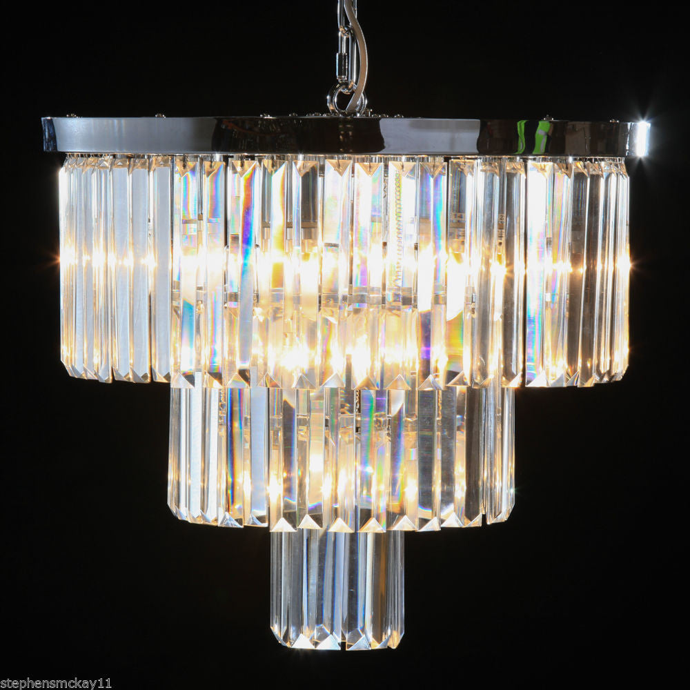 Latoya. Chrome Prism Drop Large Round salon Cascade Chandelier.