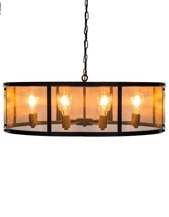 Large Round Mesh sided Black Iron Drum Industrial Chandelier 