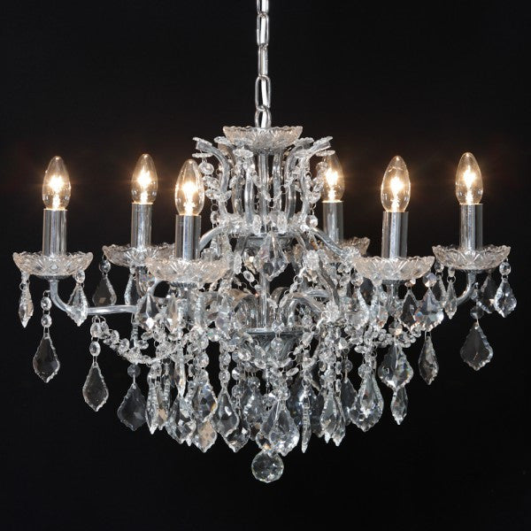 Lindy.8 branch large shallow crystal glass chandelier with chrome frame.