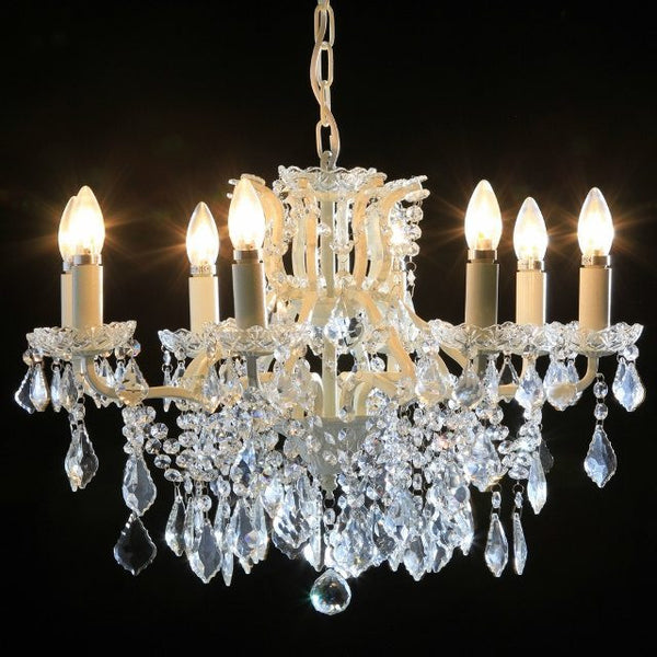 Lucretia 8 branch large shallow crystal glass chandelier with antique white frame.