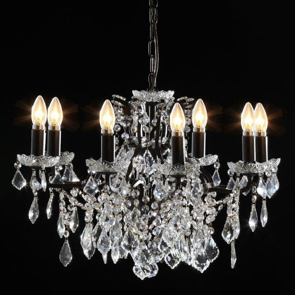 Ladonna. 8 branch large shallow crystal glass chandelier with antique bronze frame.