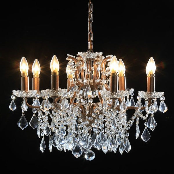 Loretta. 8 branch large shallow crystal glass chandelier with antique gold frame.
