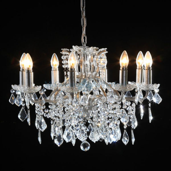 Lorelei. 6 branch large shallow crystal glass chandelier with antique silver frame.