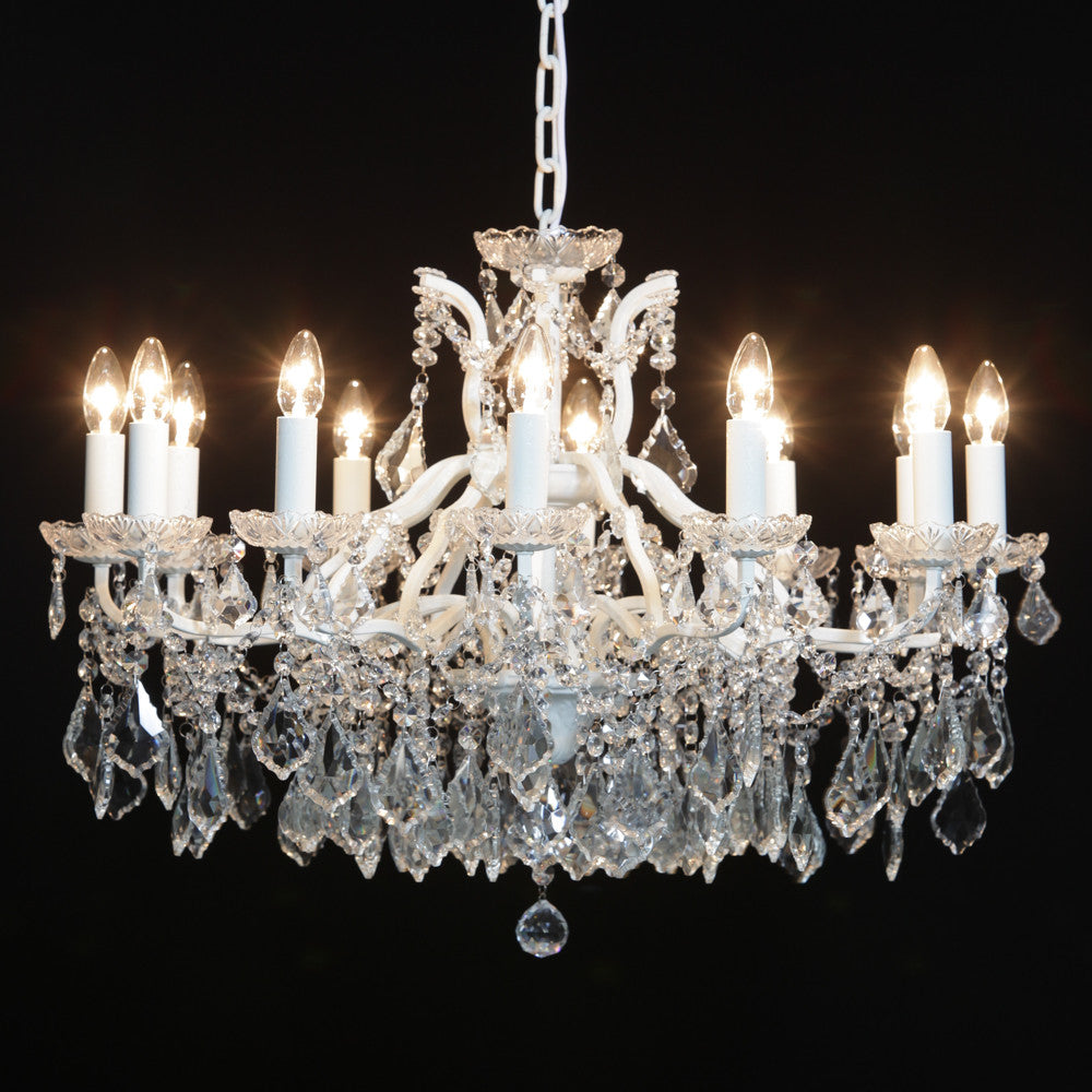 Lucretia. 12 branch large shallow crystal glass chandelier with antique crackle white frame.