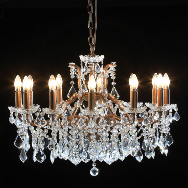 Loretta. 12 branch large shallow crystal glass chandelier with antique gold frame.