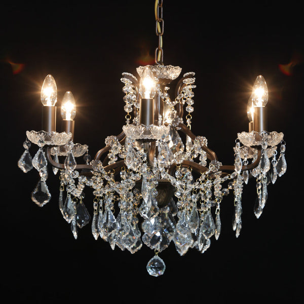Ladonna. 6 branch large shallow crystal glass chandelier with antique bronze frame.