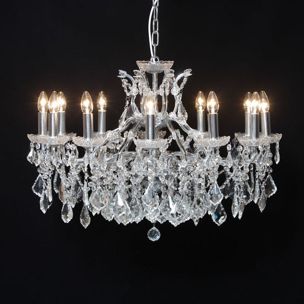 Lindy 12 branch large shallow crystal glass chandelier with chrome frame.
